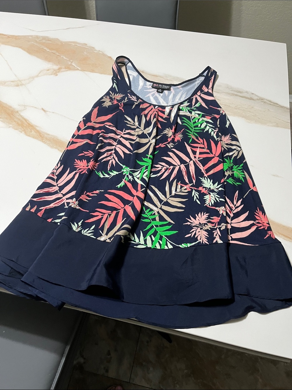 Xhilaration Navy Tropical Leaf Ruffle Hem Tank